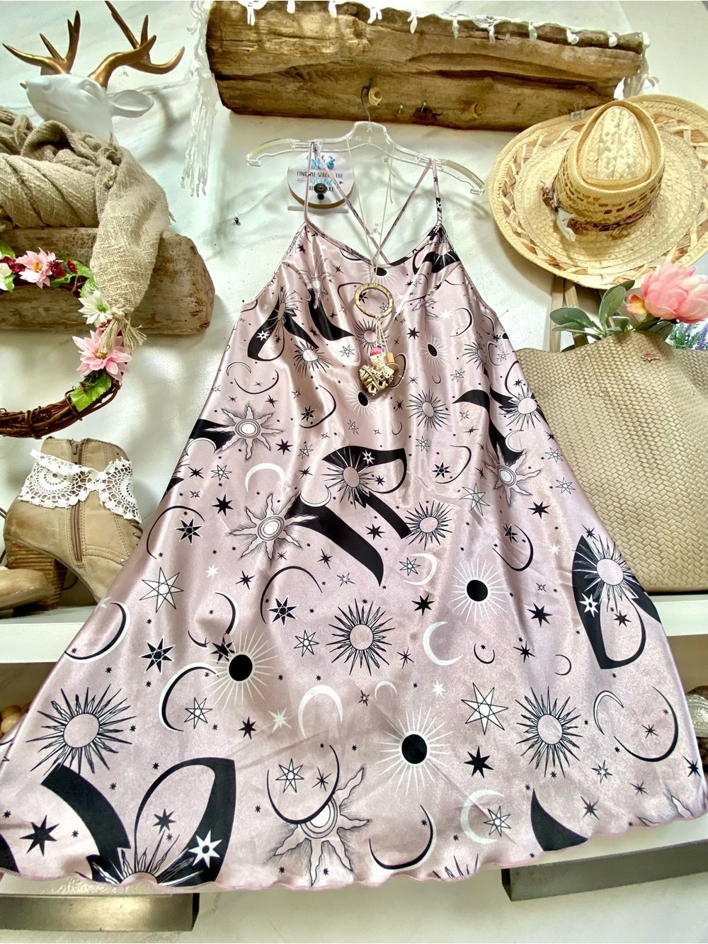 Celestial moon & star Boho mini dress enchanting gypsy southwestern hippyvibe